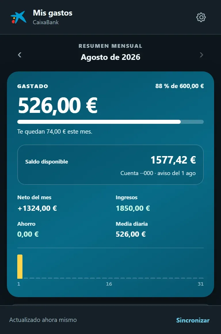 Monthly summary: spending against budget, available balance, net, income, savings and daily average.
