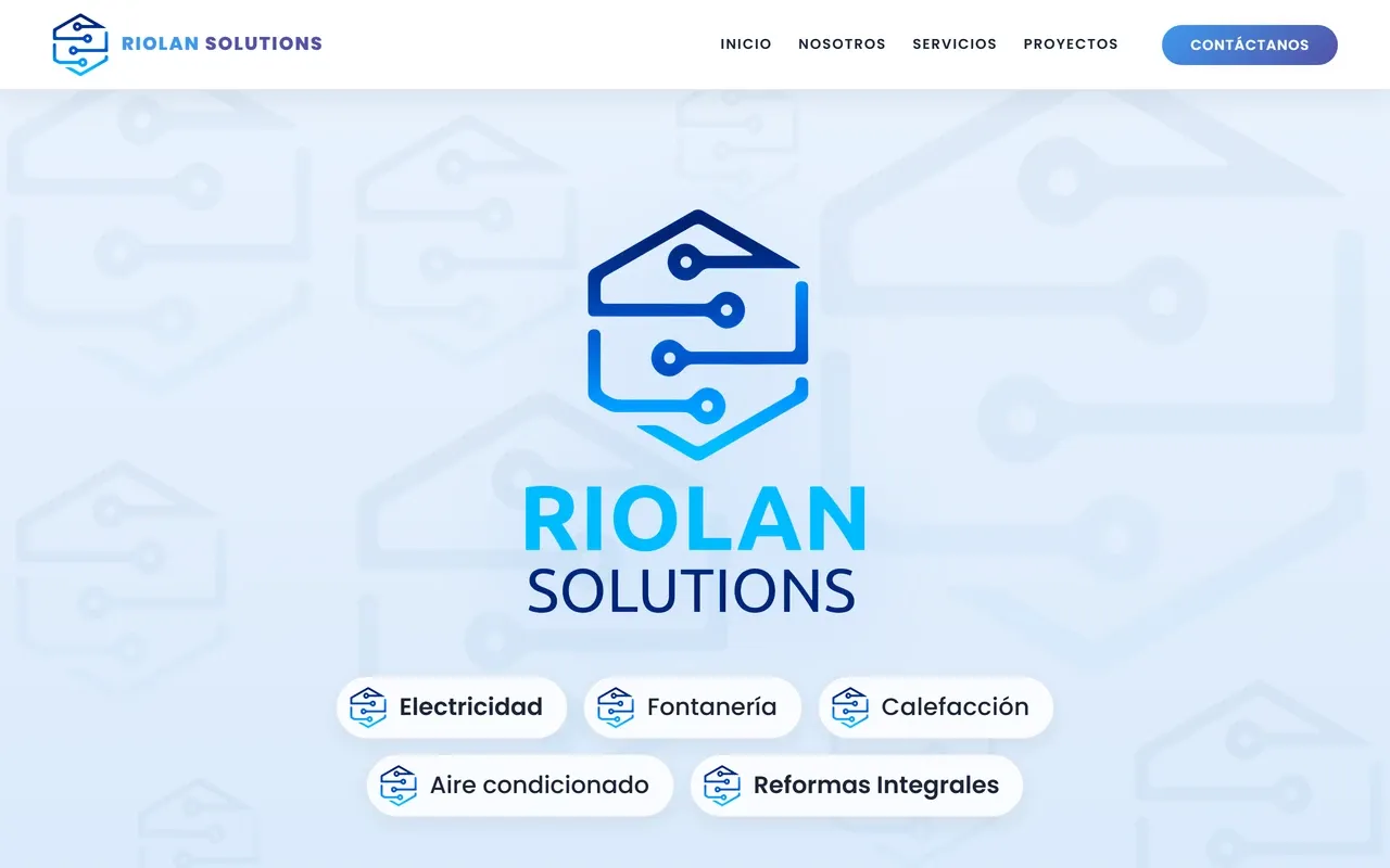 Portada con el logotipo centrado sobre un fondo azul claro y cinco especialidades en píldoras: electricidad, fontanería, calefacción, aire acondicionado y reformas integrales.