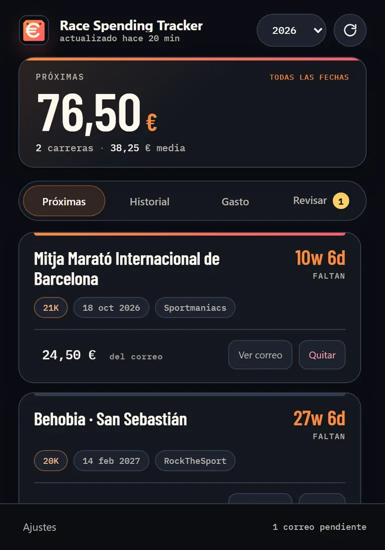 Upcoming races with date, distance, entry platform and amount paid.