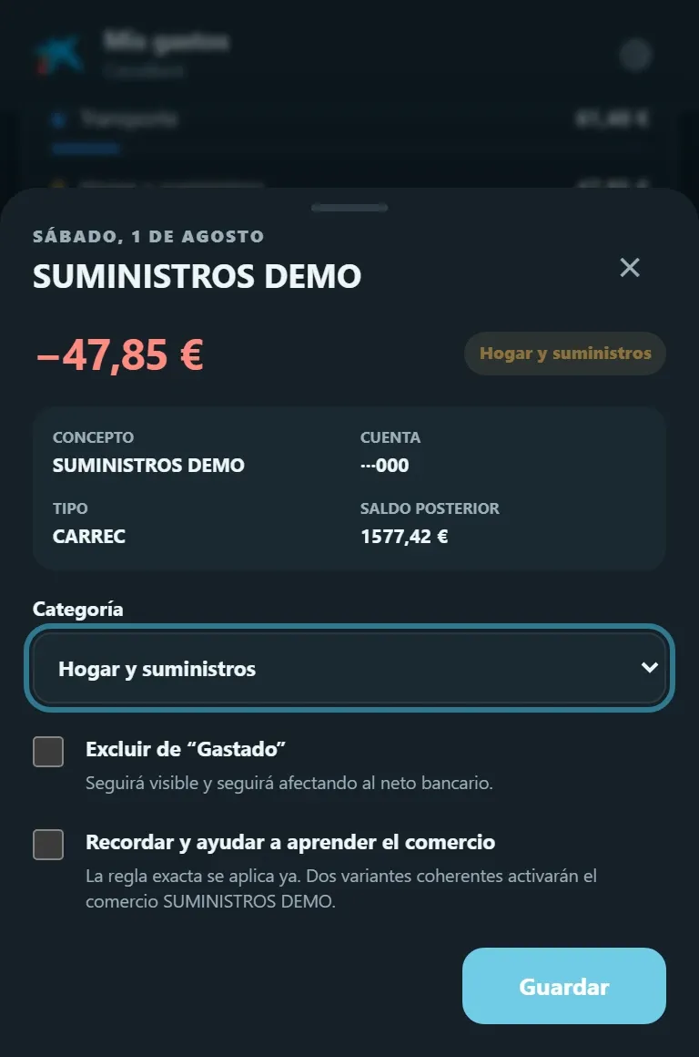 Movement editor: lets you fix its category or leave it out of the month's spending.