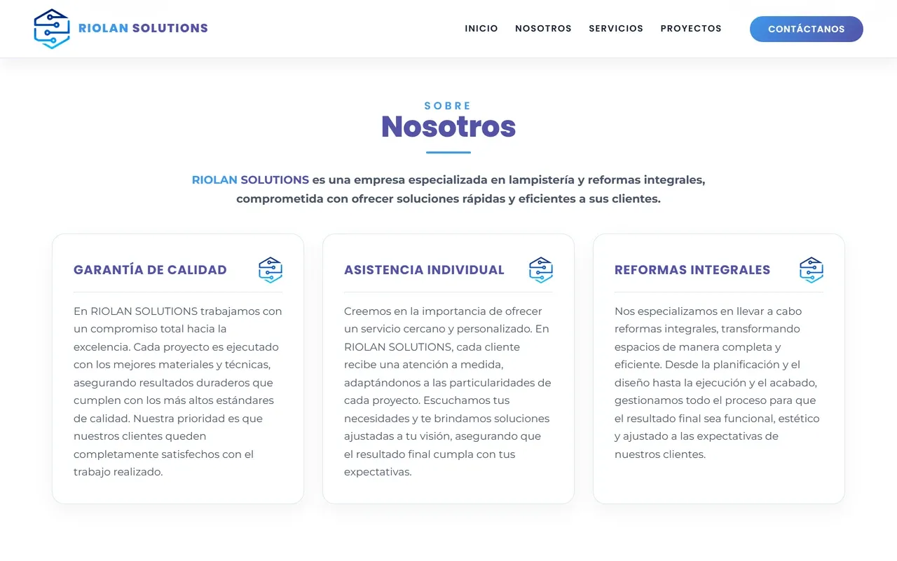 Sección «Sobre Nosotros» con un texto de presentación y tres tarjetas: garantía de calidad, asistencia individual y reformas integrales.