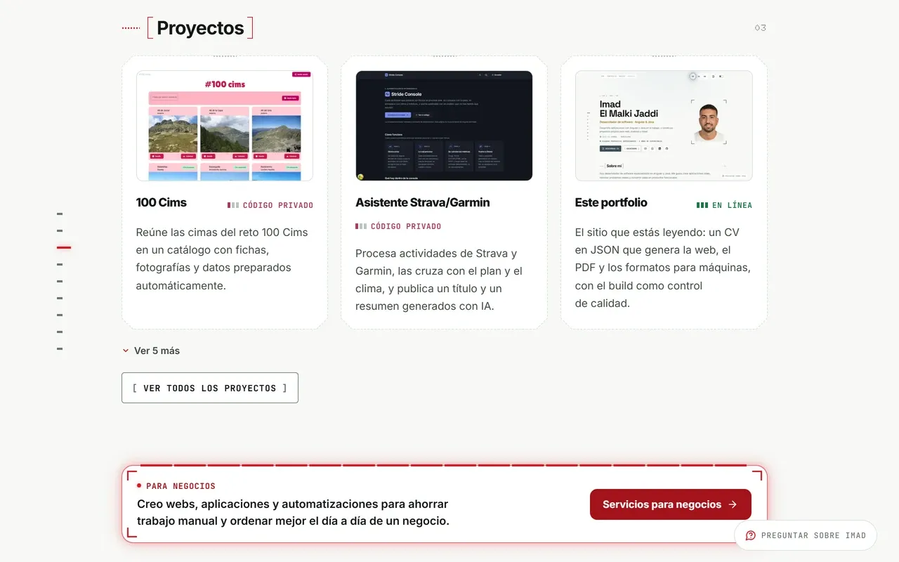 Sección de proyectos con tres tarjetas en fila, cada una con miniatura, título, estado y resumen, y un «Ver 5 más» debajo.