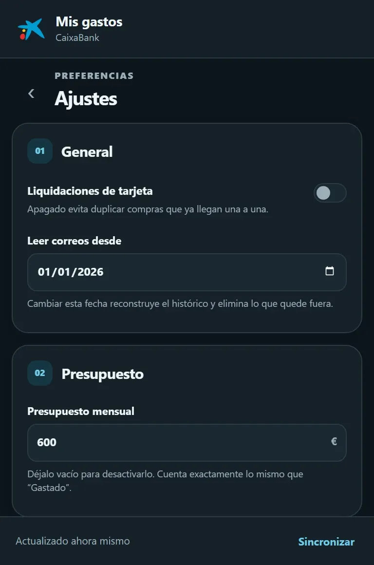 Settings: card settlements, the date to read emails from and the monthly budget.