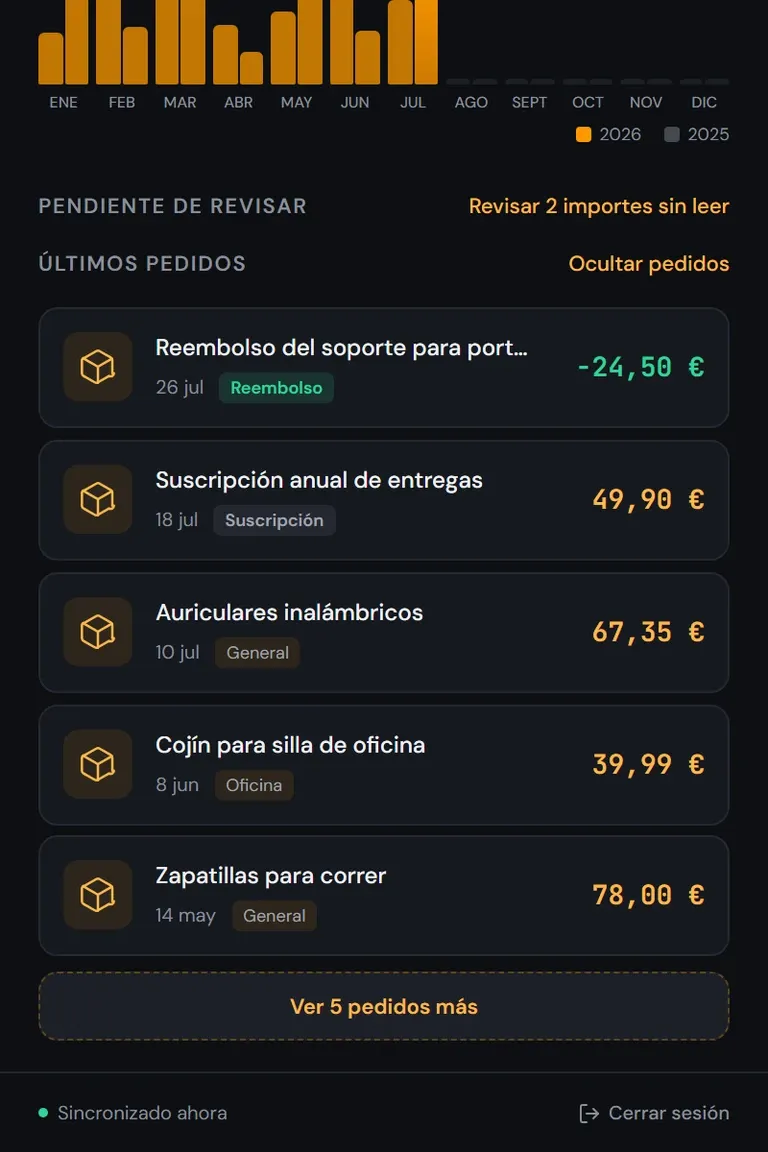 List of recent orders with date and amount, tagged as refund, subscription or general purchase.