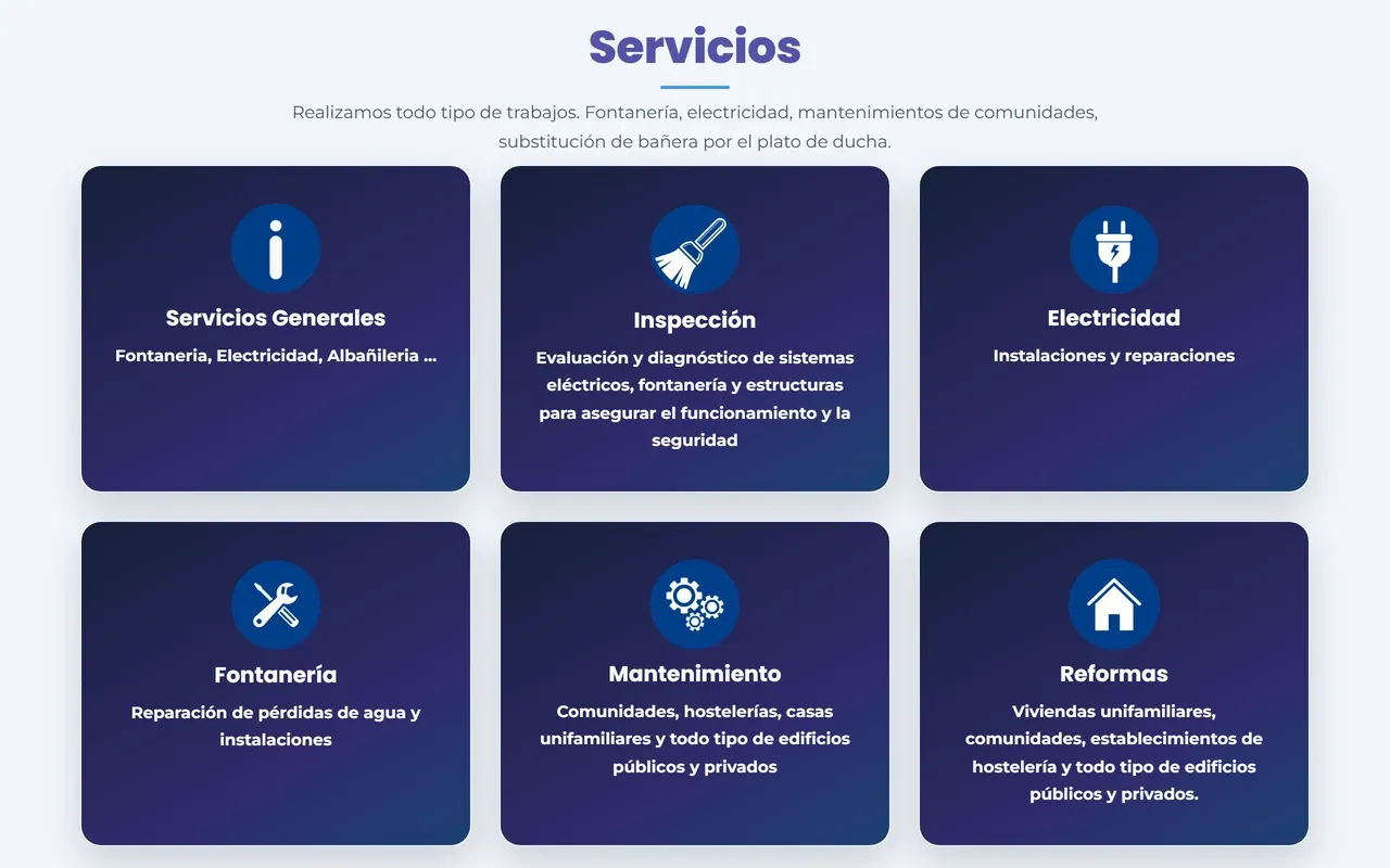 Rejilla de seis servicios en tarjetas oscuras con icono propio: servicios generales, inspección, electricidad, fontanería, mantenimiento y reformas.