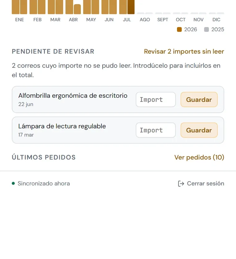 Manual review: two emails whose amount could not be read, each with a field to enter it.
