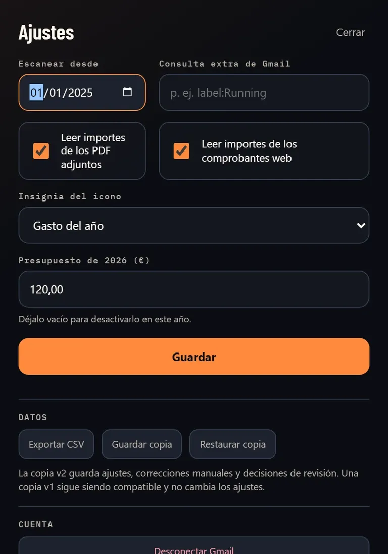 Settings: scan-from date, PDF and web-receipt parsing, annual budget and backups.