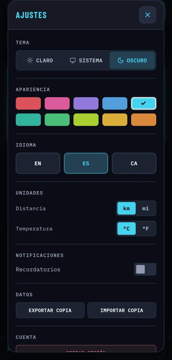 App settings with light, dark or system theme, ten colour accents, the language and the units.