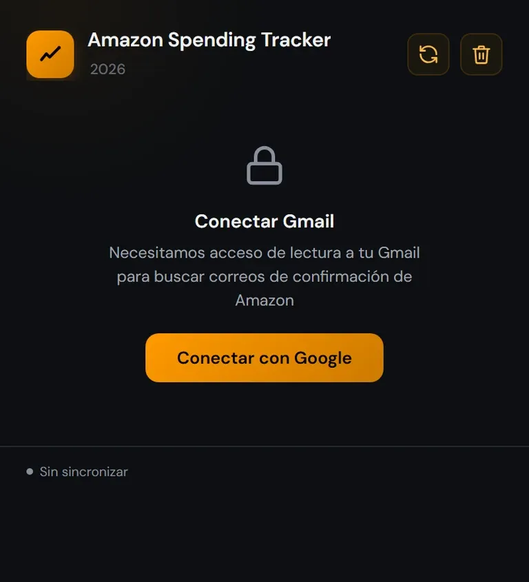 Connect screen: explains that read-only Gmail access is needed to find the Amazon confirmations.