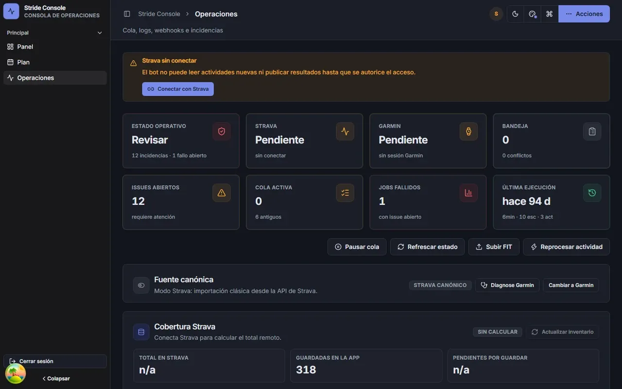 Operations view with the job queue, errors, log, runs and received webhooks.
